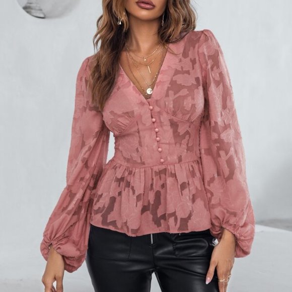 MODA ME COUTURE Tops - Pink Bishop Sleeve Peplum Blouse